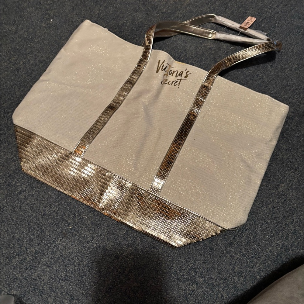 Victoria's Secret Ivory Tote with Gold Sequin Trim